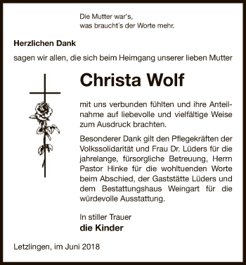 Traueranzeige von Christa Wolf von Uelzen