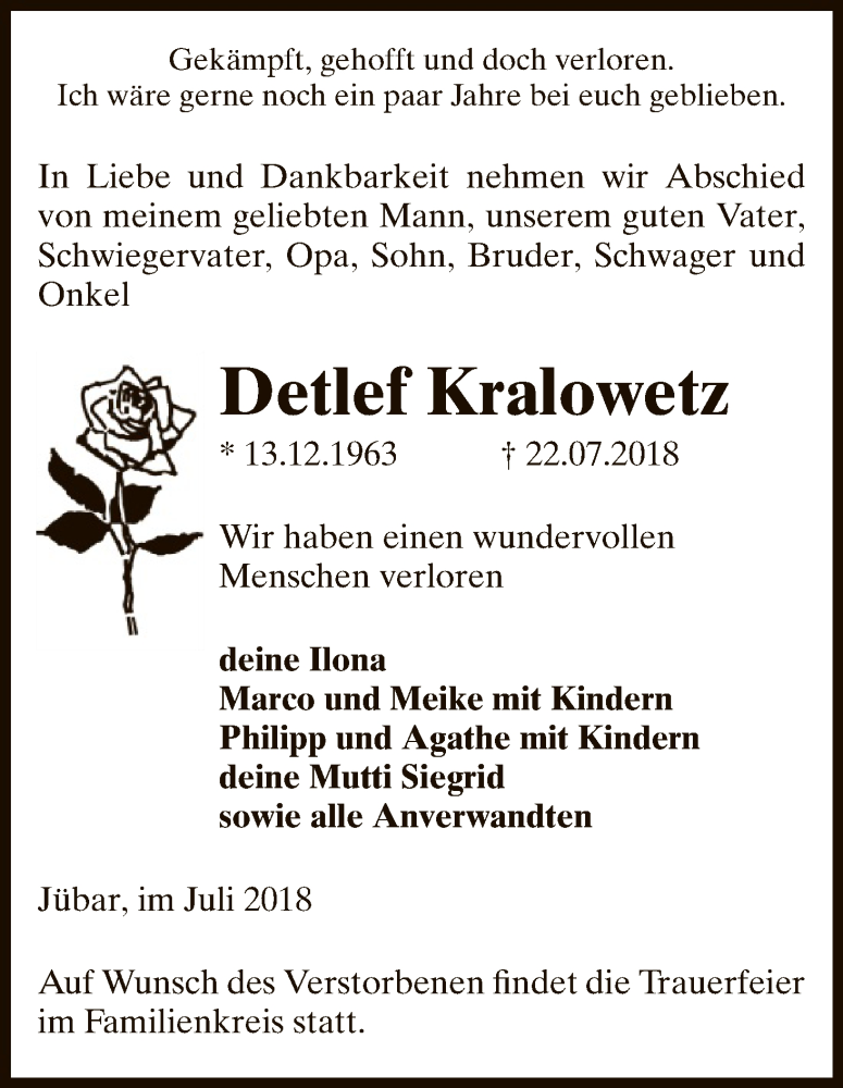  Traueranzeige für Detlef Kralowetz vom 25.07.2018 aus Uelzen