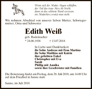 Traueranzeige von Edith Weiß von Uelzen