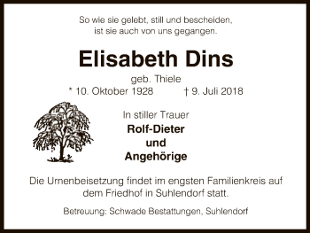 Traueranzeige von Elisabeth Dins von Uelzen