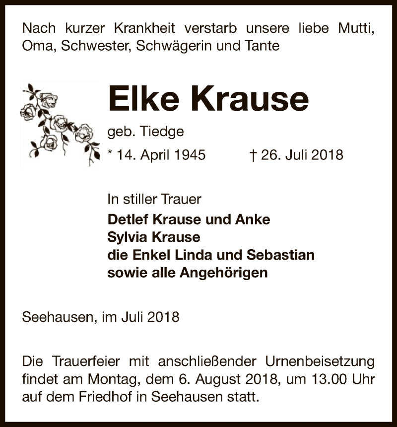  Traueranzeige für Elke Krause vom 28.07.2018 aus Uelzen