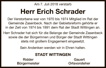 Traueranzeige von Erich Schrader von Uelzen