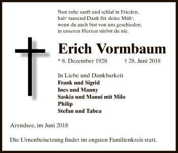 Traueranzeige von Erich Vormbaum von Uelzen