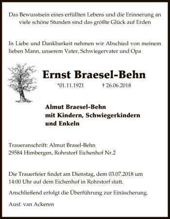 Traueranzeige von Ernst Braesel-Behn von Uelzen