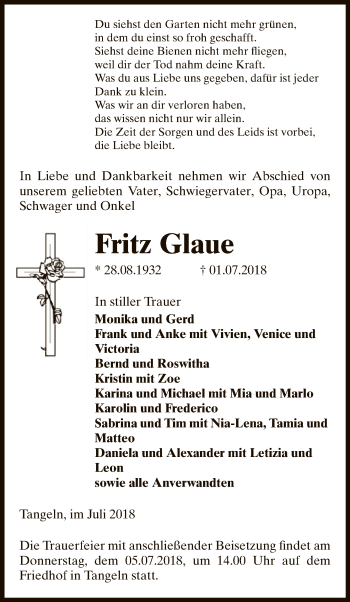 Traueranzeige von Fritz Glaue von Uelzen