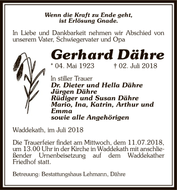 Traueranzeige von Gerhard Dähre von Uelzen