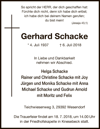 Traueranzeige von Gerhard Schacke von Uelzen