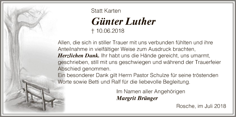  Traueranzeige für Günter Luther vom 14.07.2018 aus Uelzen