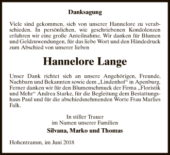 Traueranzeige von Hannelore Lange von Uelzen