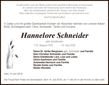 Traueranzeige von Hannelore Schneider von Uelzen