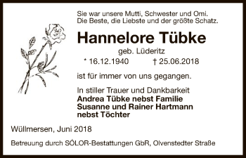 Traueranzeige von Hannelore Tübke von Uelzen