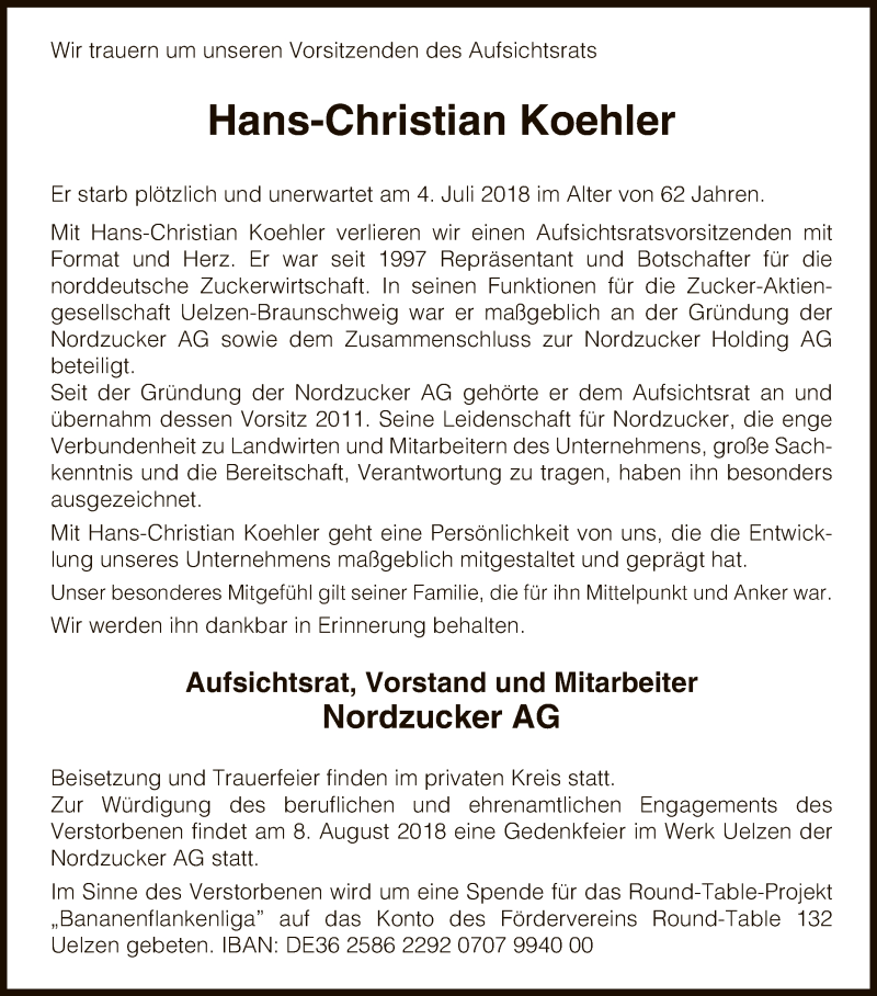  Traueranzeige für Hans-Christian Koehler vom 12.07.2018 aus Uelzen