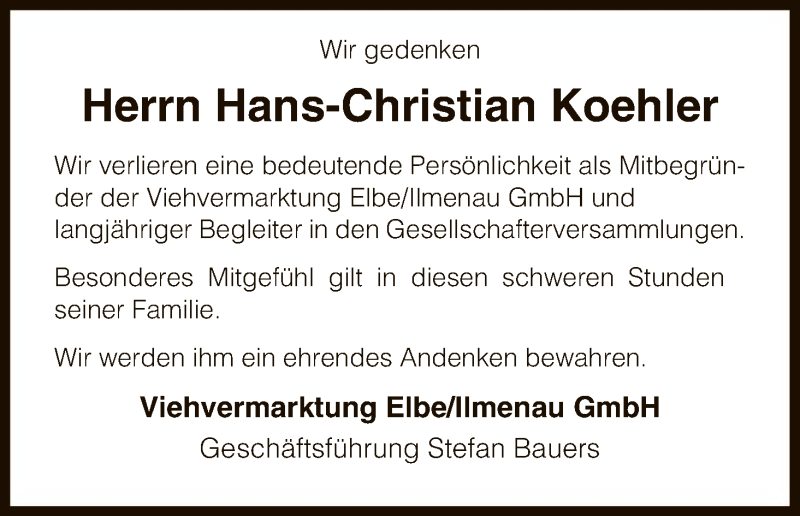  Traueranzeige für Hans-Christian Koehler vom 12.07.2018 aus Uelzen