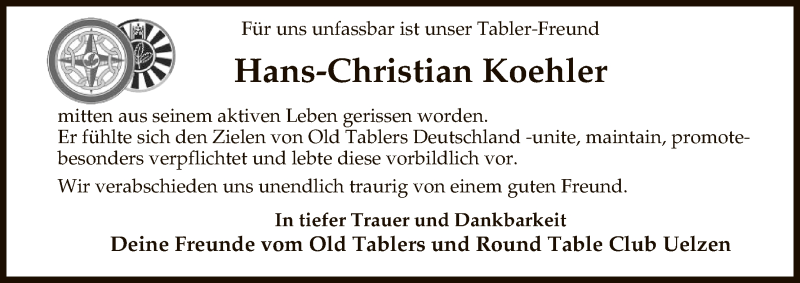  Traueranzeige für Hans-Christian Koehler vom 12.07.2018 aus Uelzen