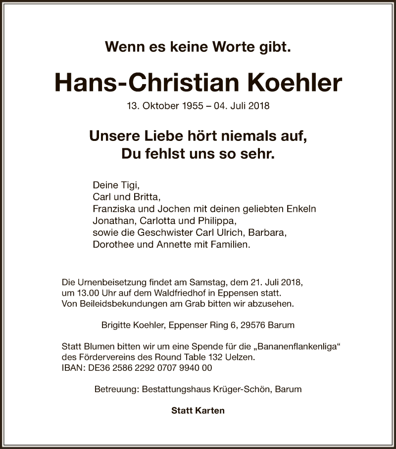  Traueranzeige für Hans-Christian Koehler vom 12.07.2018 aus Uelzen