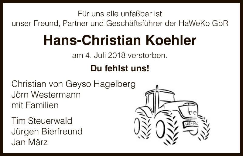  Traueranzeige für Hans-Christian Koehler vom 12.07.2018 aus Uelzen