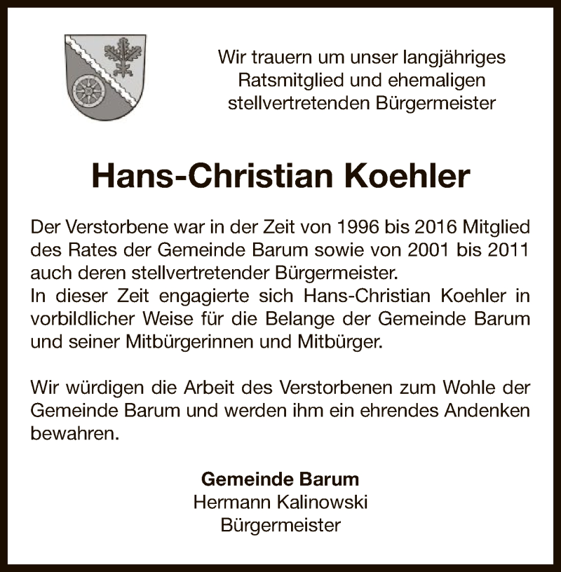  Traueranzeige für Hans-Christian Koehler vom 12.07.2018 aus Uelzen