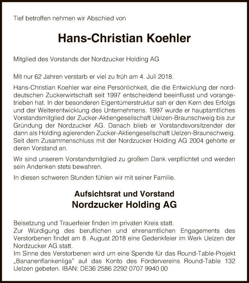  Traueranzeige für Hans-Christian Koehler vom 12.07.2018 aus Uelzen