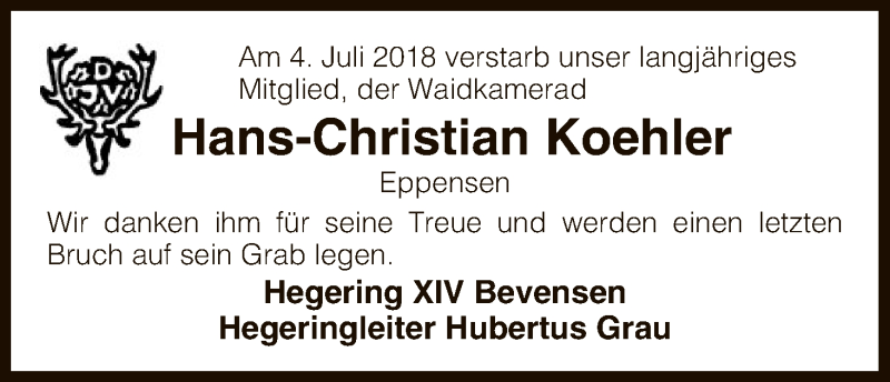  Traueranzeige für Hans-Christian Koehler vom 12.07.2018 aus Uelzen