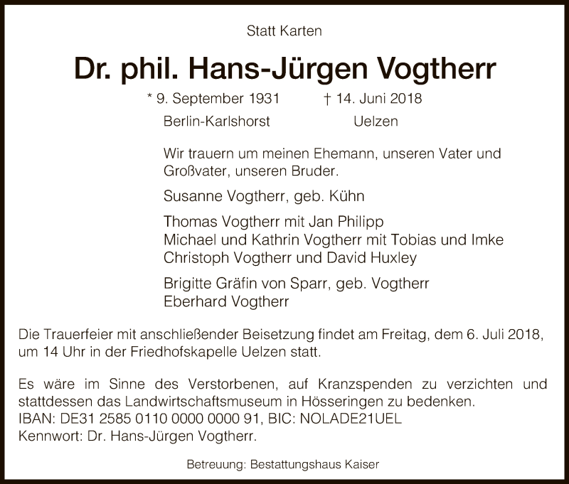  Traueranzeige für Hans-Jürgen Vogtherr vom 30.06.2018 aus Uelzen