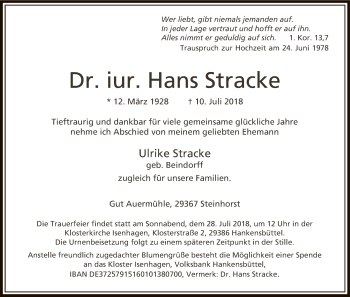 Traueranzeige von Hans Stracke von Uelzen