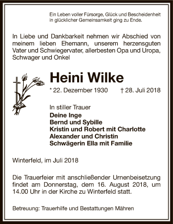 Traueranzeige von Heini Wilke von Uelzen