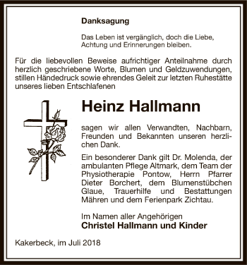 Traueranzeige von Heinz Hallmann von Uelzen