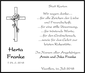 Traueranzeige von Herta Franke von Uelzen