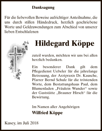Traueranzeige von Hildegard Köppe von Uelzen