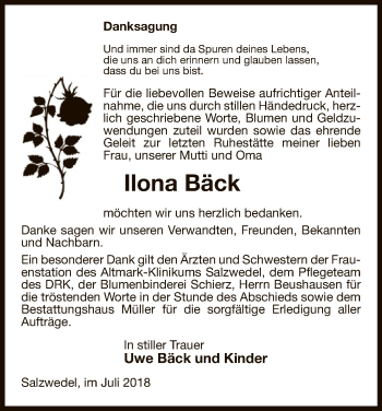 Traueranzeige von Ilona Bäck von Uelzen