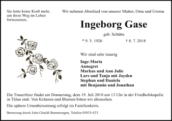 Traueranzeige von Ingeborg Gase von Uelzen