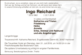 Traueranzeige von Ingo Reichard von Uelzen