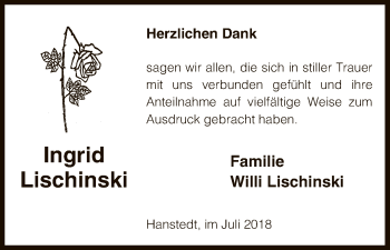 Traueranzeige von Ingrid Lischinski von Uelzen