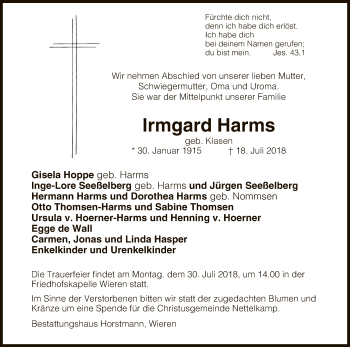 Traueranzeige von Irmgard Harms von Uelzen