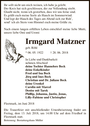 Traueranzeige von Irmgard Matzner von Uelzen