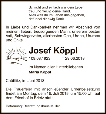 Traueranzeige von Josef Köppl von Uelzen