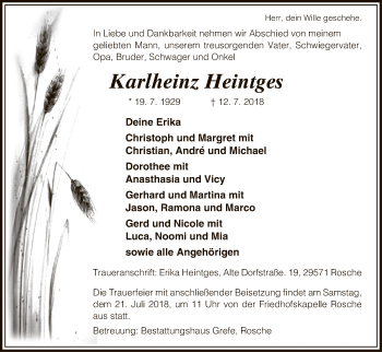 Traueranzeige von Karlheinz Heintges von Uelzen