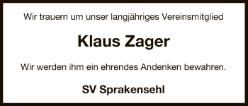 Traueranzeige von Klaus Zager von Uelzen