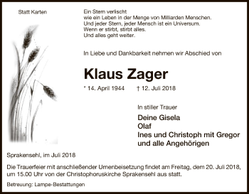 Traueranzeige von Klaus Zager von Uelzen