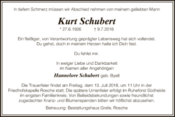 Traueranzeige von Kurt Schubert von Uelzen