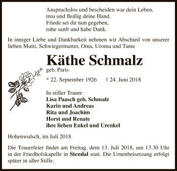 Traueranzeige von Käthe Schmalz von Uelzen