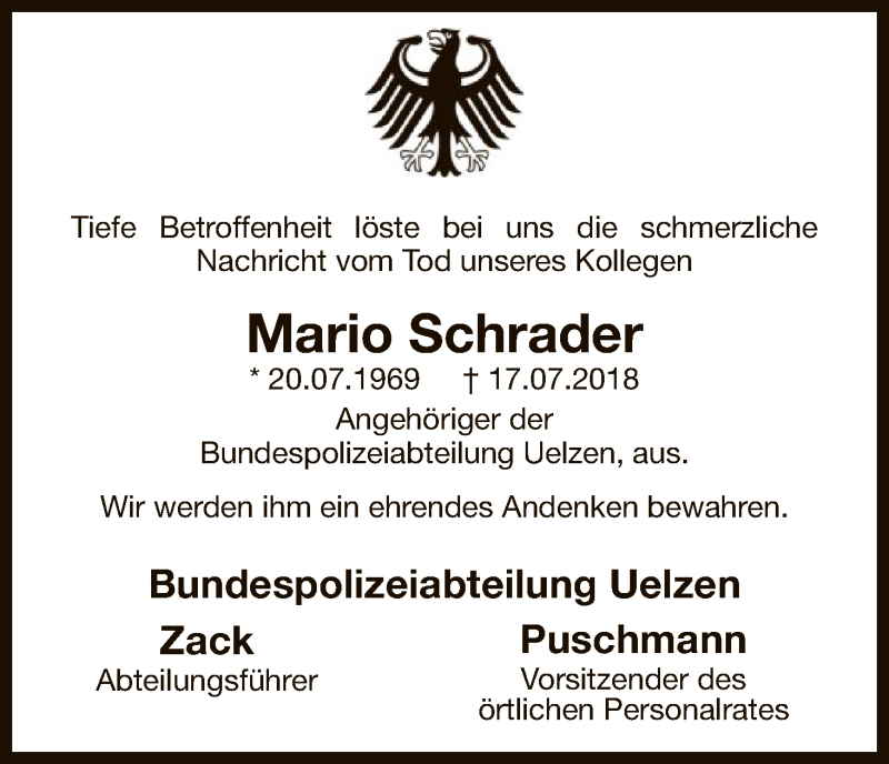  Traueranzeige für Mario Schrader vom 31.07.2018 aus Uelzen