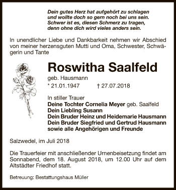 Traueranzeige von Roswitha Saalfeld von Uelzen