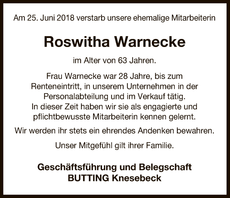  Traueranzeige für Roswitha Warnecke vom 03.07.2018 aus Uelzen
