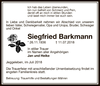 Traueranzeige von Siegfried Barkmann von Uelzen