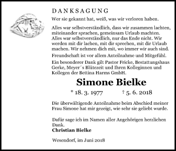 Traueranzeige von Simone Bielke von Uelzen