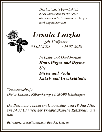 Traueranzeige von Ursula Latzko von Uelzen