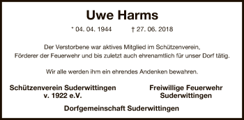 Traueranzeige von Uwe Harms von Uelzen