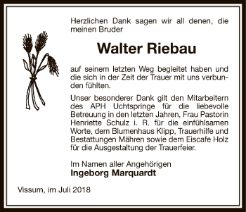 Traueranzeige von Walter Riebau von Uelzen