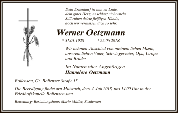 Traueranzeige von Werner Oetzmann von Uelzen